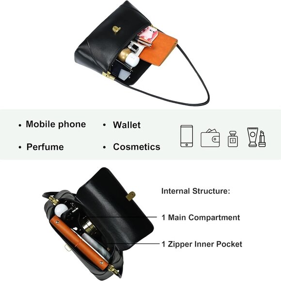 Women’s Vintage Leather Shoulder Bag Small Tote Purse with Buckle Closure - Picture 5 of 6